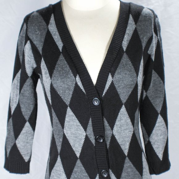 Y2K 2000s Harlequin Patterned Black Gray Hue Button Cardigan Lorelei Gilmore - Picture 5 of 7